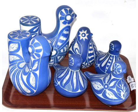 Pablo Zabal (Chilean, 20th century), six ceramic blue and white figures incised signatures, various sizes (6)