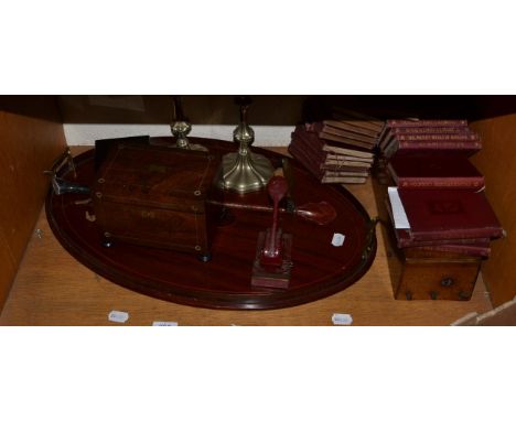Group including approximately thirty three Shakespeare volumes, a music box, Edwardian inlaid tray, 19th century tea caddy an
