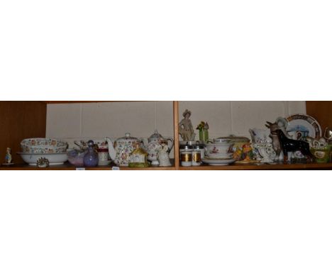 A group of ceramics including Lladro boy and donkey, Beswick dog, Royal Worcester vase, Crown Staffordshire decanter labels, 