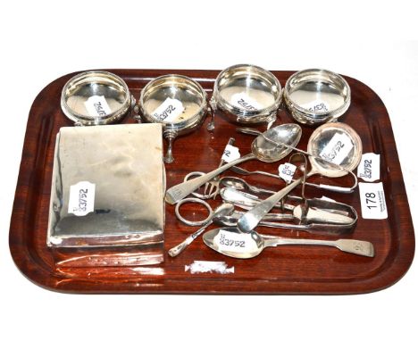 A set of four silver Georgian salts, silver cigarette case, silver tea spoons, three pairs of sugar tongs, pickle fork (a.f.)