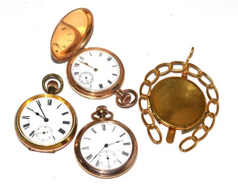 Three gold plated pocket watches and a watch stand 