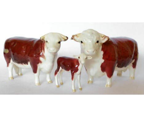 Beswick Cattle Comprising: Hereford Bull (First Version), model No. 1363A, Hereford Cow, model No. 1360 and Hereford Calf, mo