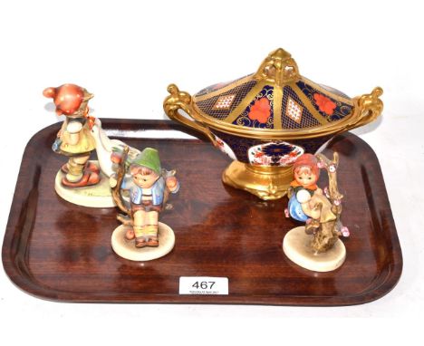 Royal Crown Derby twin handled bowl and cover and three Hummel figures 