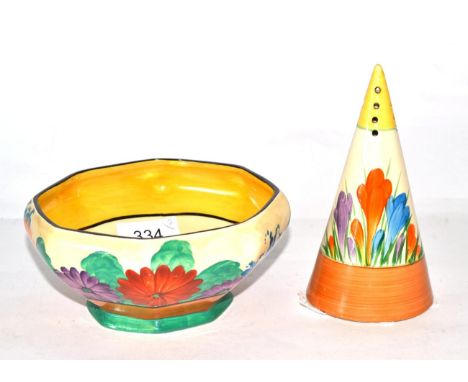 A Clarice Cliff conical caster and an octagonal bowl, Gay Day (2) 