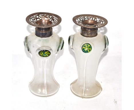 A pair of Art Nouveau glass vases with pierced silver mounts