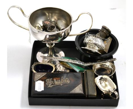 Four silver salts, plated trophy cup, silver enamel compact, horn snuff box etc 