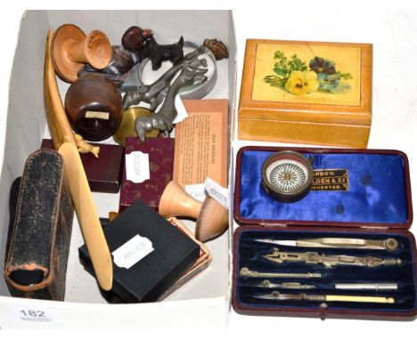 Assorted treen, a carved paperknife, boxed playing cards and other items (qty)