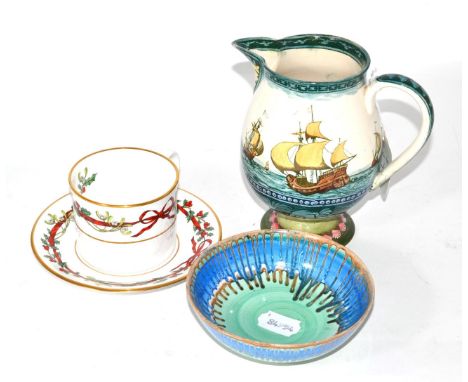 A Doulton Burslem 'Galleon' sparrowbeak jug; together with a Shelly drip-ware bowl and a Royal Worcester 'Holly Ribbons' patt