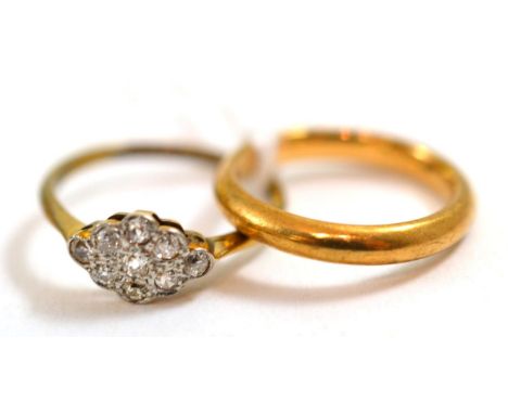 A diamond plaque ring, finger size L1/2 and a 9ct gold band ring, finger size K (2)4.6g gross