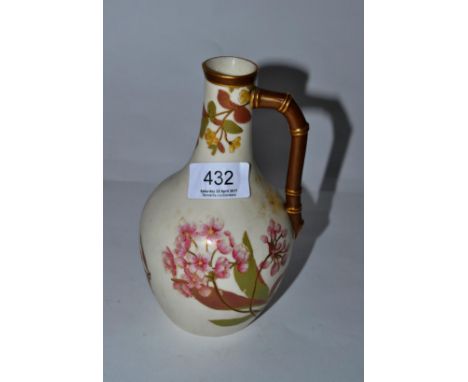 Royal Worcester floral painted jug with faux bamboo handle 