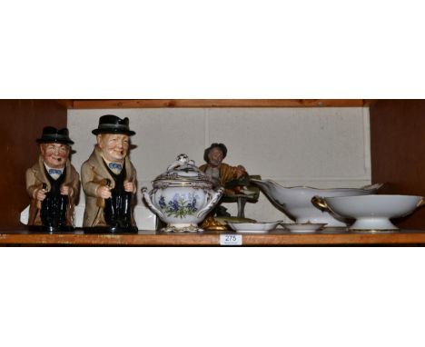 Two Royal Doulton Winston Churchill toby jugs, a Capodimonte figure group, Noritake dish and four pieces of Spode botanical w