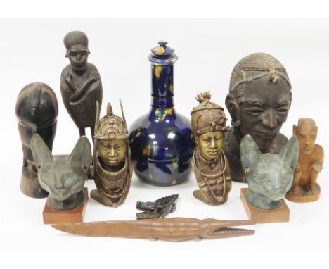 Two Benin bronze-style cast busts, tallest 20cm high,&nbsp;plaster busts&nbsp;of two Egyptian cats, 16cm high, a terracotta b