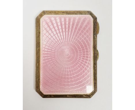 George V silver and pink guilloche enamel cigarette case, Birmingham 1928, Turner &amp; Simpson, with engine turned decoratio
