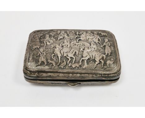 Anglo-Indian white metal cigarette case, with embossed decoration to both sides depicting hunting scenes, 8.5cm long, approxi
