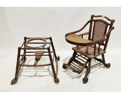 19th century French metamorphic child's high chair and walking frame with cane seat and back, turned supports, stamped Brevet