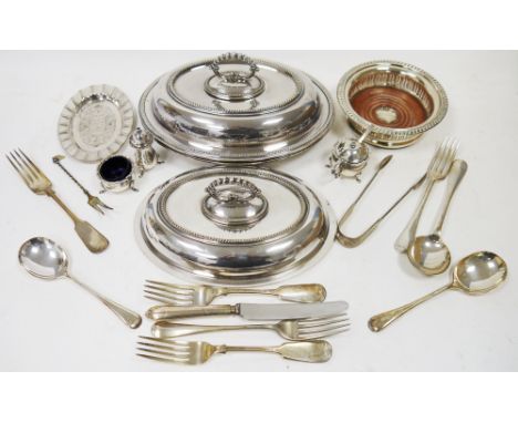 Mixed lot of silver plate and flatware&nbsp;including an oval tureen and cover, a wine bottle coaster, a Mappin &amp; Webb th