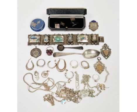 Collection of silver jewellery and other silver items including four silver fob medals, George III silver teaspoon, silver sa