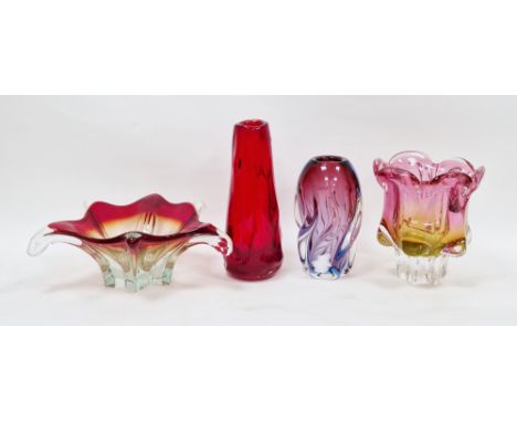 Whitefriars ruby red tapering glass knobbly vase, designed by Ray Annenberg, 24.5cm high, a vintage Czech Chribska twist vase