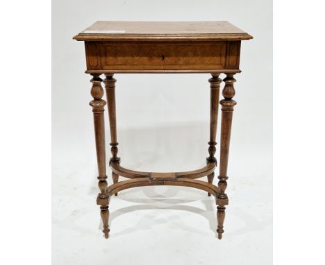 19th century walnut sewing/work table, the hinged lid and sides with geometric parquetry inlay, opening to a burr maple lined