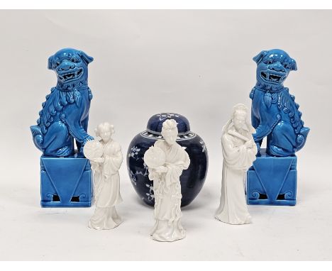 Chinese porcelain blue and white prunus pattern ginger jar and a cover, double concentric lines to base, a pair of Chinese-st