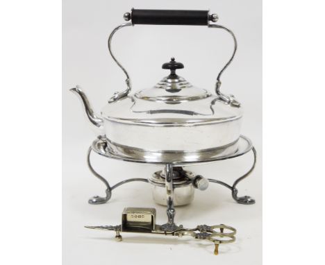 Late 19th / early 20th century silver plate spirit kettle on stand with burner having an ebony handle and knop, by Daniel & A
