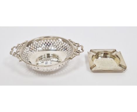 George V silver bon bon dish, Birmingham 1912, Synyer &amp; Beddoes, of circular form with twin cast ribbon handles and pierc