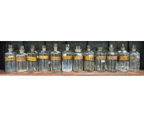 Twelve late 19th/early 20th century labelled glass apothecary bottles and stoppers, each of cylindrical form, with assorted s