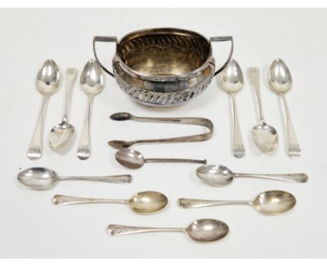 Set of six George III silver teaspoons, London 1854, William Bateman I, Old English pattern engraved with initials, 14cm long