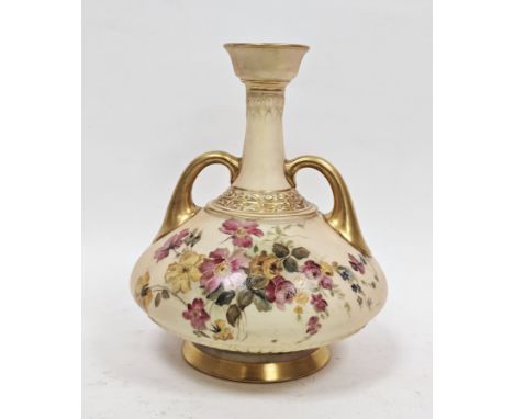 Royal Worcester blush-ivory ground two-handled bottle vase, of squat form, circa 1895, printed purple marks, shape no. 1747, 
