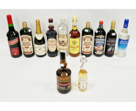 12 bottles of assorted alcohol&nbsp;including brandy de Jerez Fabuloso Solero, 36% vol, 1l, two bottles of Gorter Bessen Gene