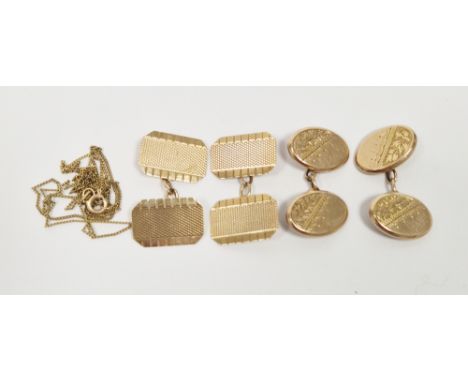 Two pairs of 9ct yellow gold cufflinks, one pair with engraved double oval heads united by a chain, the other pair with engin