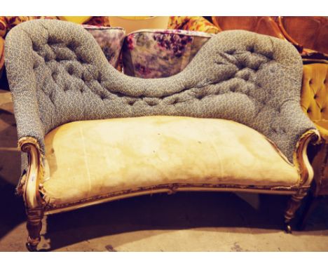 Victorian scroll end settee&nbsp;with double arched button back, inverted curved front, gilt and cream painted wooden scrolli