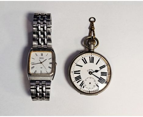 Gent's Seiko stainless steel bracelet watch, the rectangular dial with date aperture and a silver plated eight-day open-faced