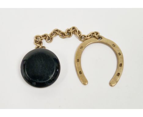 9ct yellow gold watch chain set with a horseshoe to one end (engraved with a name and address) and onyx pendant i the form of