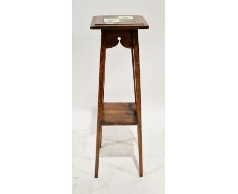 Late 19th/early 20th century Art Nouveau oak jardiniere stand, the square top with inset ceramic tile and thumb-mould edge, o