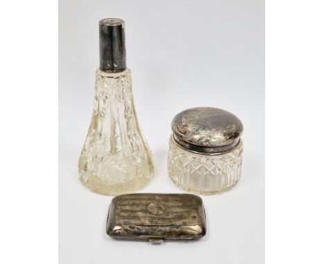 Silver cigarette case, Birmingham 1924, John Rose, with engine-turned decoration, 8cm long,&nbsp;a silver lidded glass dressi