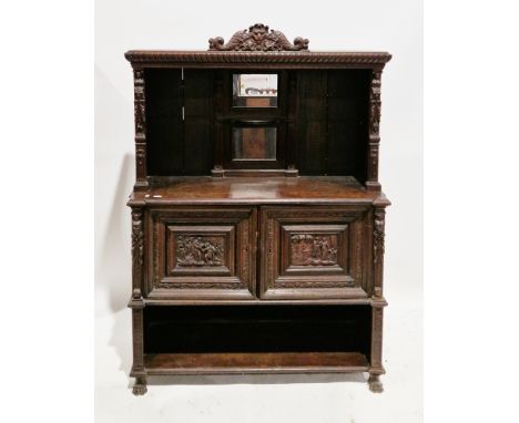 Victorian mirror-back sideboard&nbsp;in the Jacobean manner, the gadrooned pediment surmounted by a scrolling lion mask, the 
