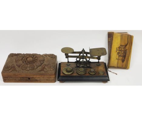 Late 19th/early 20th century set of brass postal scales&nbsp;and eight weights, on a walnut base with four brass bun feet, 19