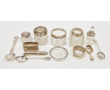Mixed lot of silver items including a George III teaspoon, a Victorian teaspoon, an early 20th century Walker &amp; Hall napk