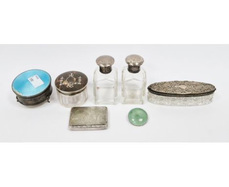 Collection of seven silver items including George V silver and blue guilloche enamel trinket box, Birmingham 1925, 6cm diamet