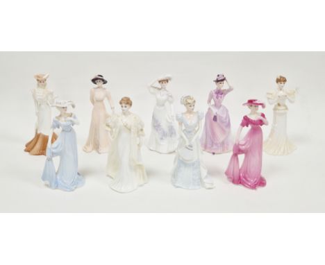 Nine Coalport bone china Chantilly Lace figures of ladies, comprising Romance, Poise, High Style, Charm, Graceful, Glamour, P