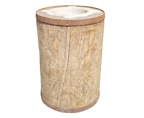 19th century large iron bound apothecary pestle and mortar, the stone mortar held on a turned elm cylindrical trunk base, 74c
