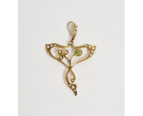 Art Nouveau 15ct yellow gold, peridot and seed pearl pendant, of naturalistic open form with a round collet-set faceted perid