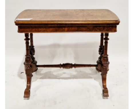 Victorian burr walnut and walnut fold-over card table, the rectangular quarter-veneered hinged top with rounded ends, on turn