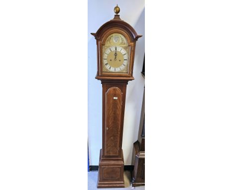 Mid-century mahogany and banded cased eight-day grandmother clock&nbsp;in the Georgian manner, the broken arch brass dial wit