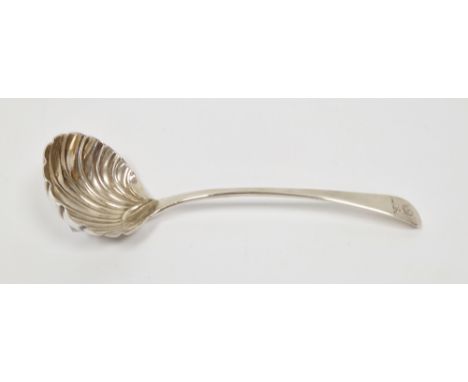 George III silver sauce ladle, Old English pattern and crest-engraved with scallopshell bowl, London 1769, maker Thomas Ellis