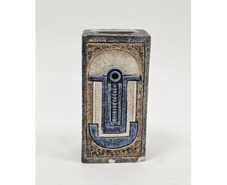 Avril Bennet (c.1973-79) for Troika, a tall rectangular section vase, moulded and incised with geometric ornament in muted to