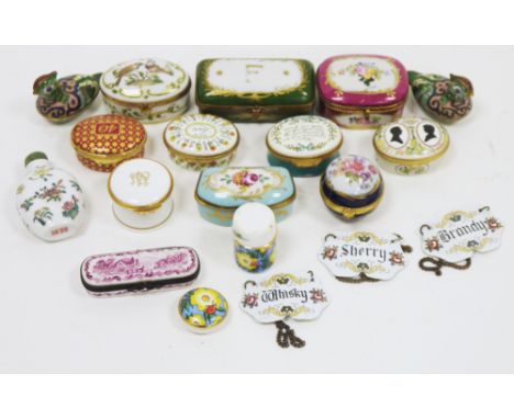 Collection of porcelain and enamel trinket boxes, pill boxes, snuff bottles and spirit decanter labels including Bilston and 
