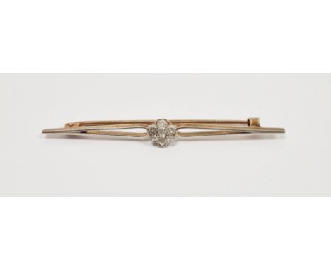 Unmarked yellow gold, platinum and diamond bar brooch, set with flower shaped cluster of six illusion set old cut diamonds, h