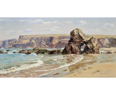 Nancy Bailey (1913-2012) Oil on canvas "Arch Rock, Porthcothan", coastal landscape with rock formation, signed lower right, s